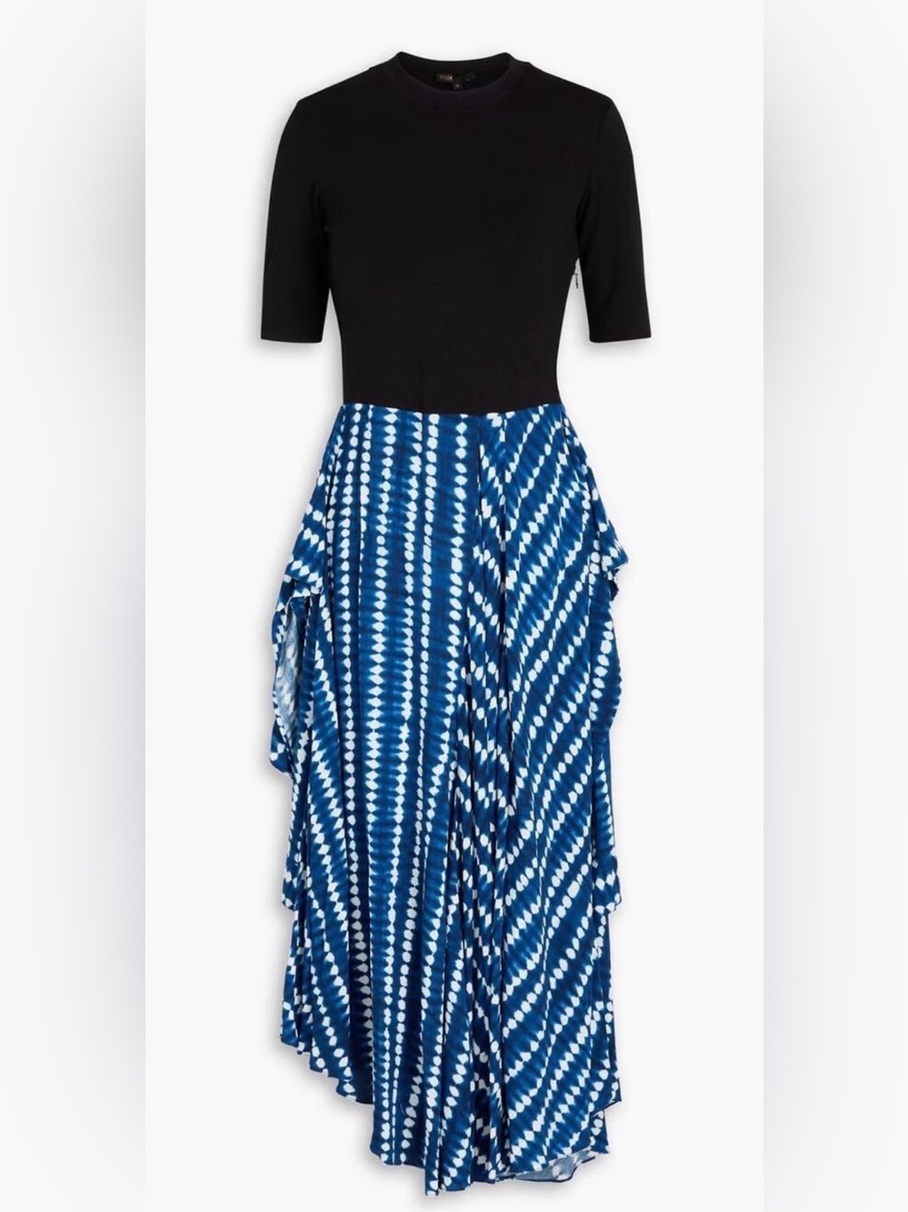 Maje Shirt Dress Blue Tie Dye Asymmetric Skirt Black Jersey Top New